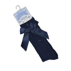 S141-N: Navy Knee Length Socks w/Bow (0-24 Months)